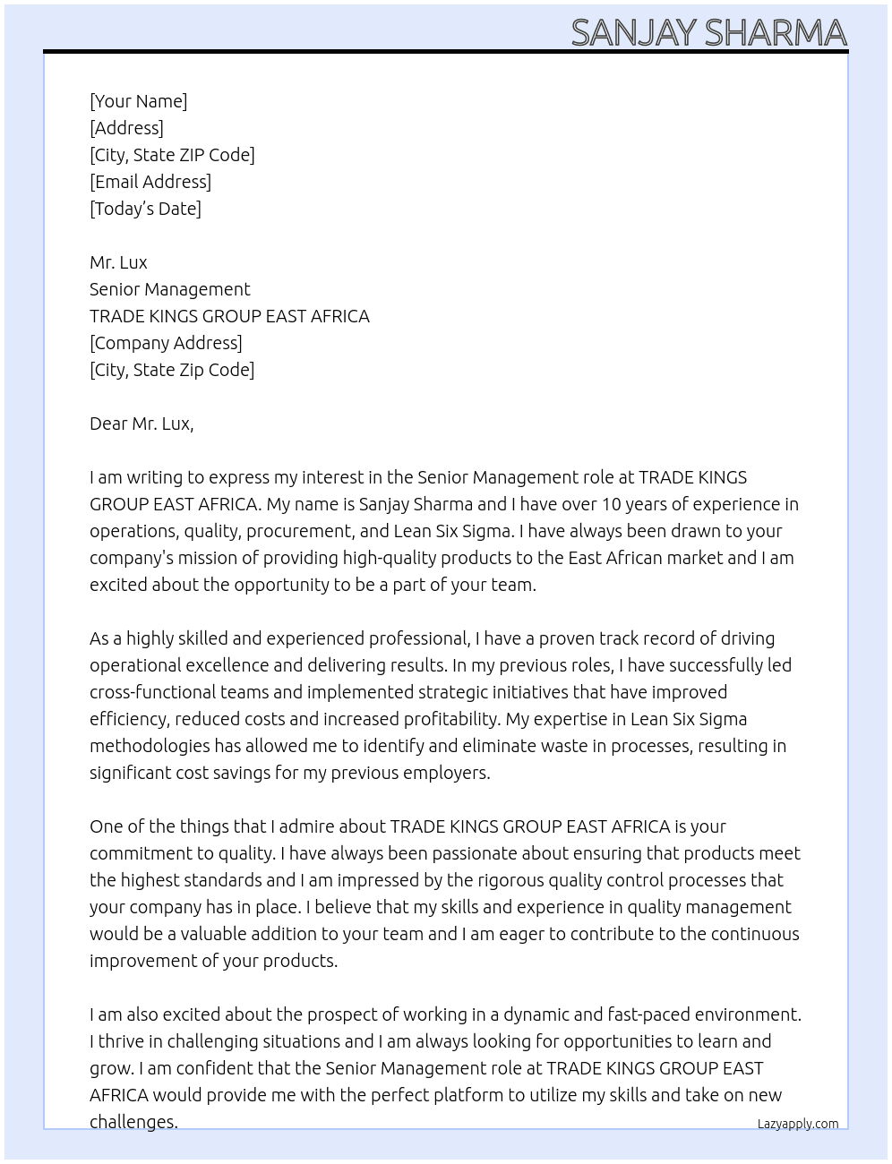 Senior Mangement At TRADE KINGS GROUP EAST AFRICA Cover Letter