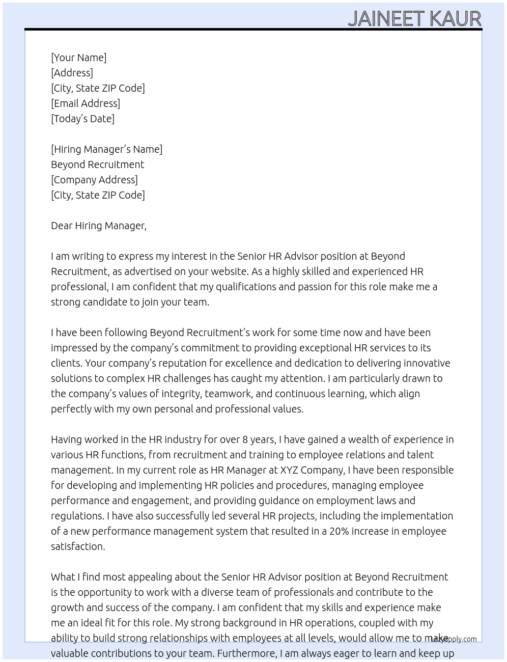 Senior HR Advisor  At Beyond Recruitment  Cover Letter