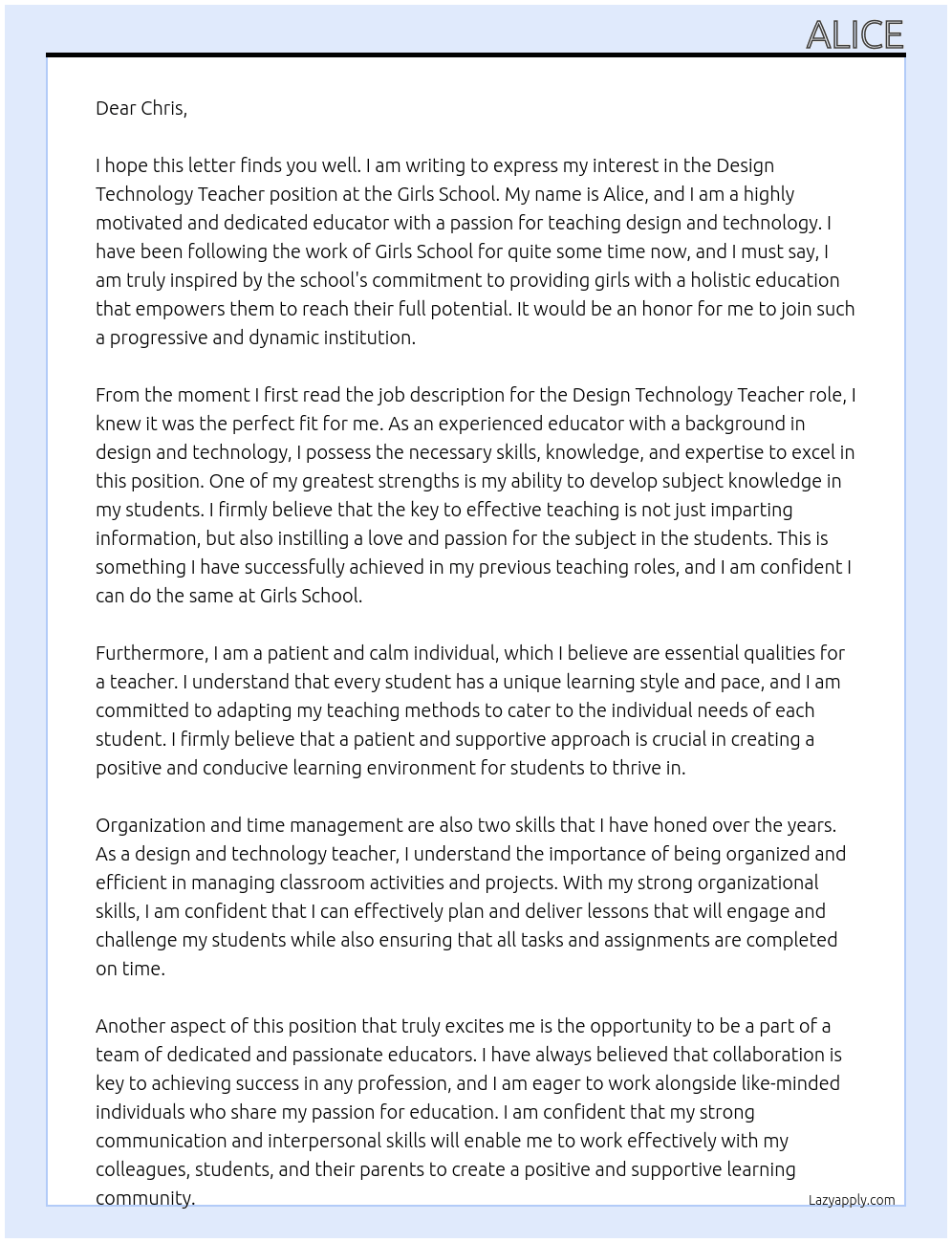 Design Technology Teacher At Girls School Cover Letter