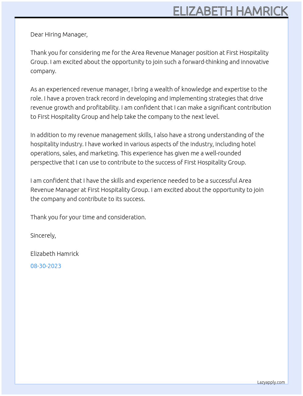Area Revenue Manager At First Hospitality Group Cover Letter