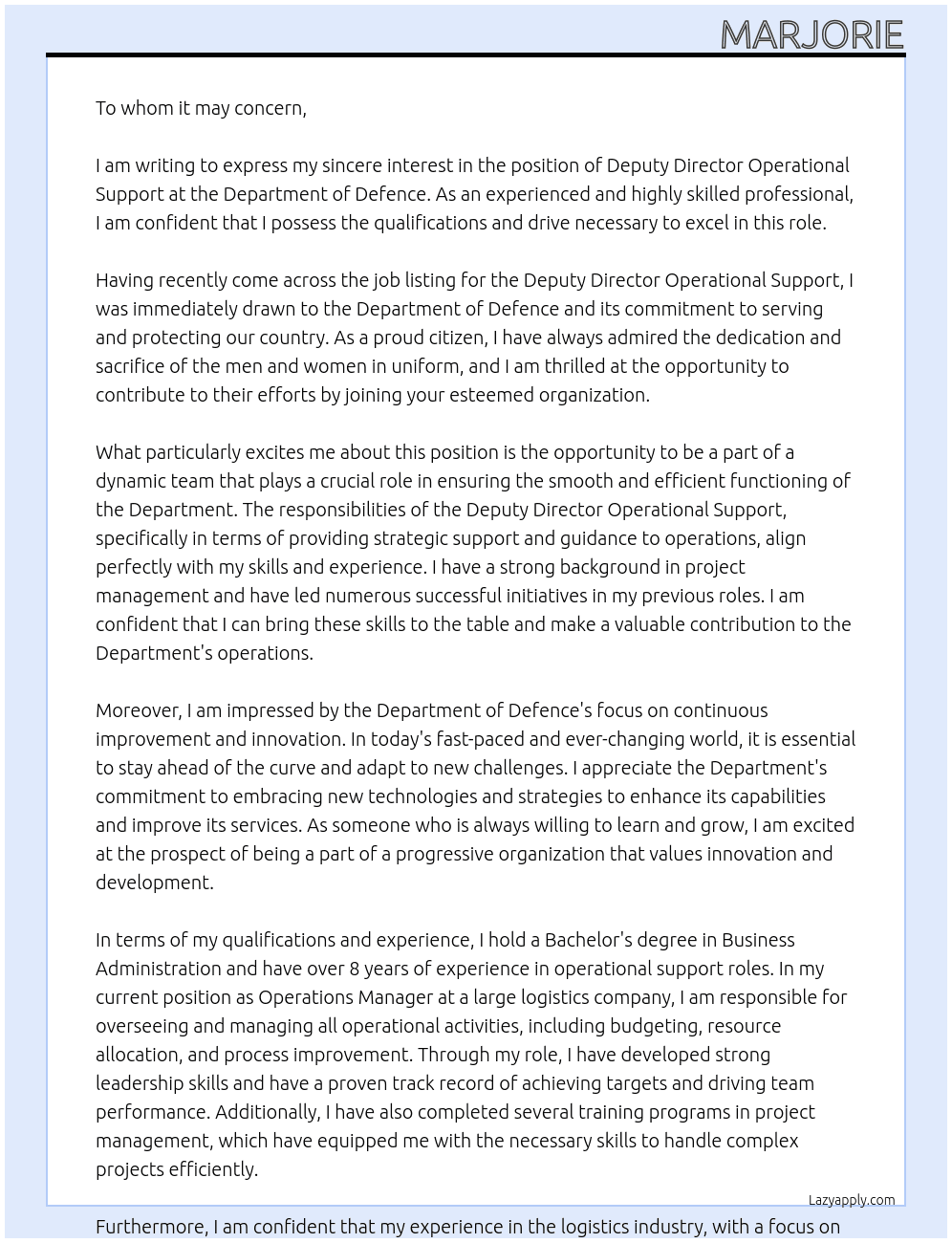 Deputy Director Operational Support At Department of Defence Cover Letter