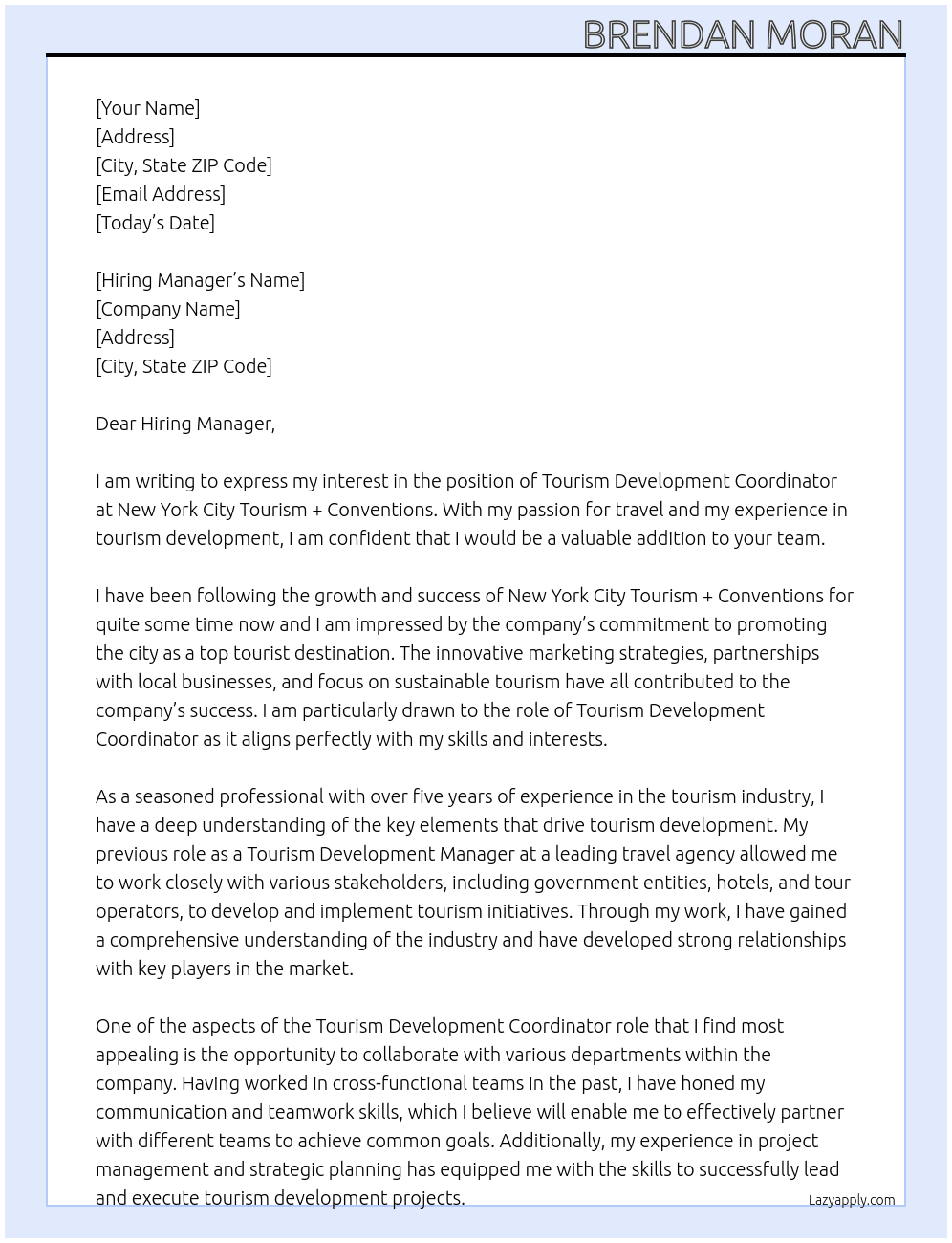 Tourism Development Coordinator At New York City Tourism + Conventions Cover Letter