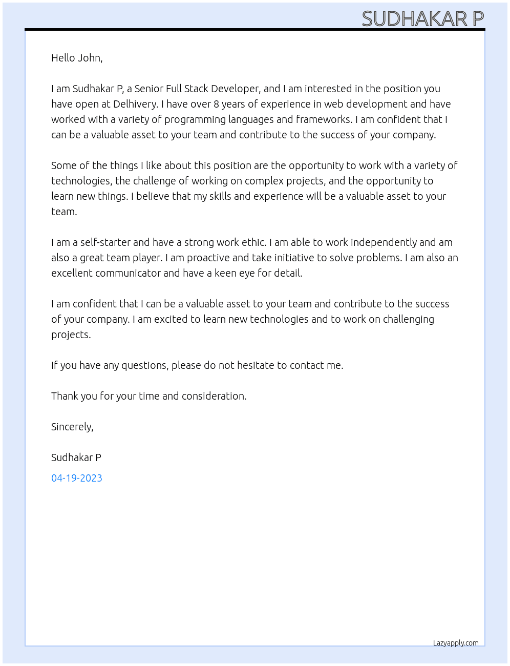 Senior Full Stack Developer At Delhivery Cover Letter