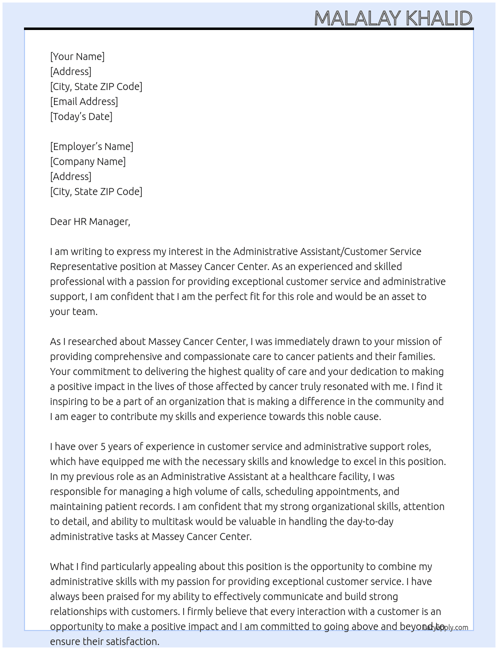 Administrative Assistant / Customer Service Representative At MASSEY CANCER CENTER Cover Letter