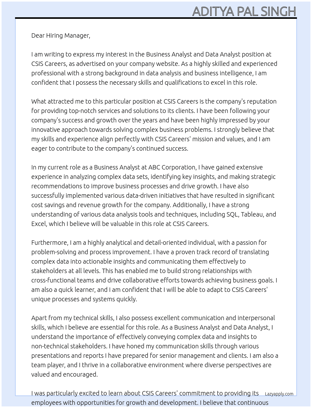 business analyat and data analyst At csis careers Cover Letter