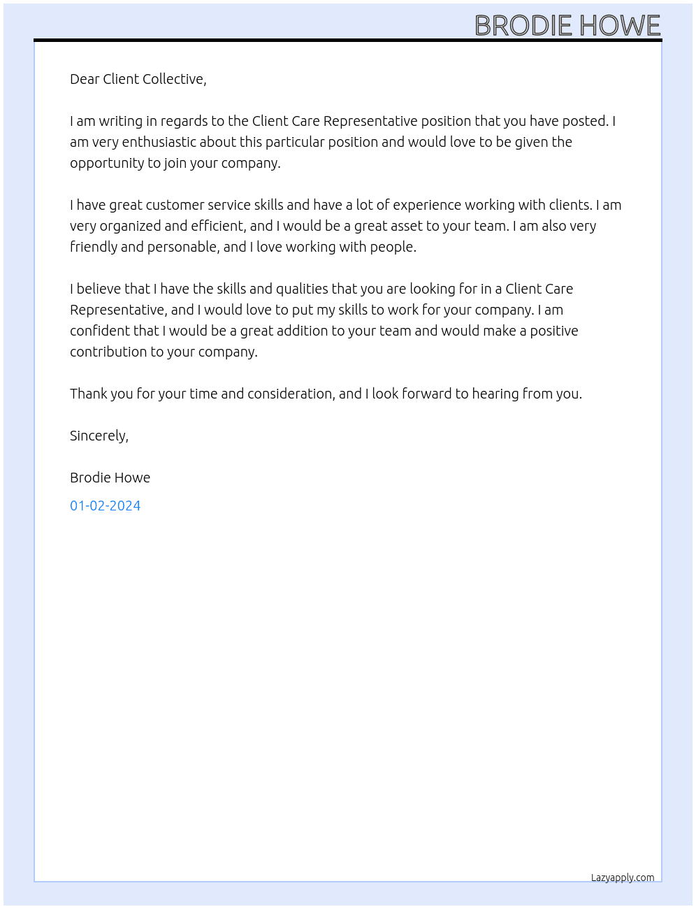 Client Care Representative At Client Collective Cover Letter