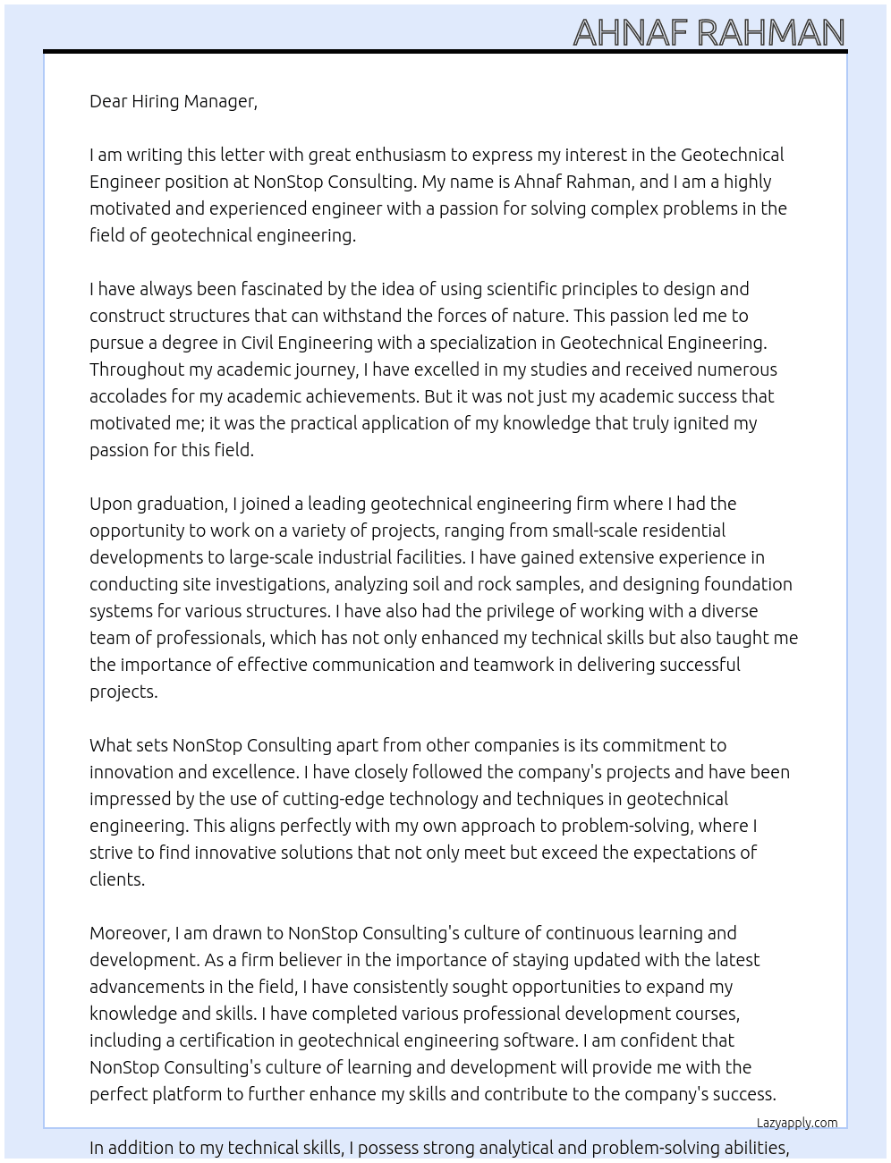 Geotechnical Engineer At NonStop Consulting Cover Letter