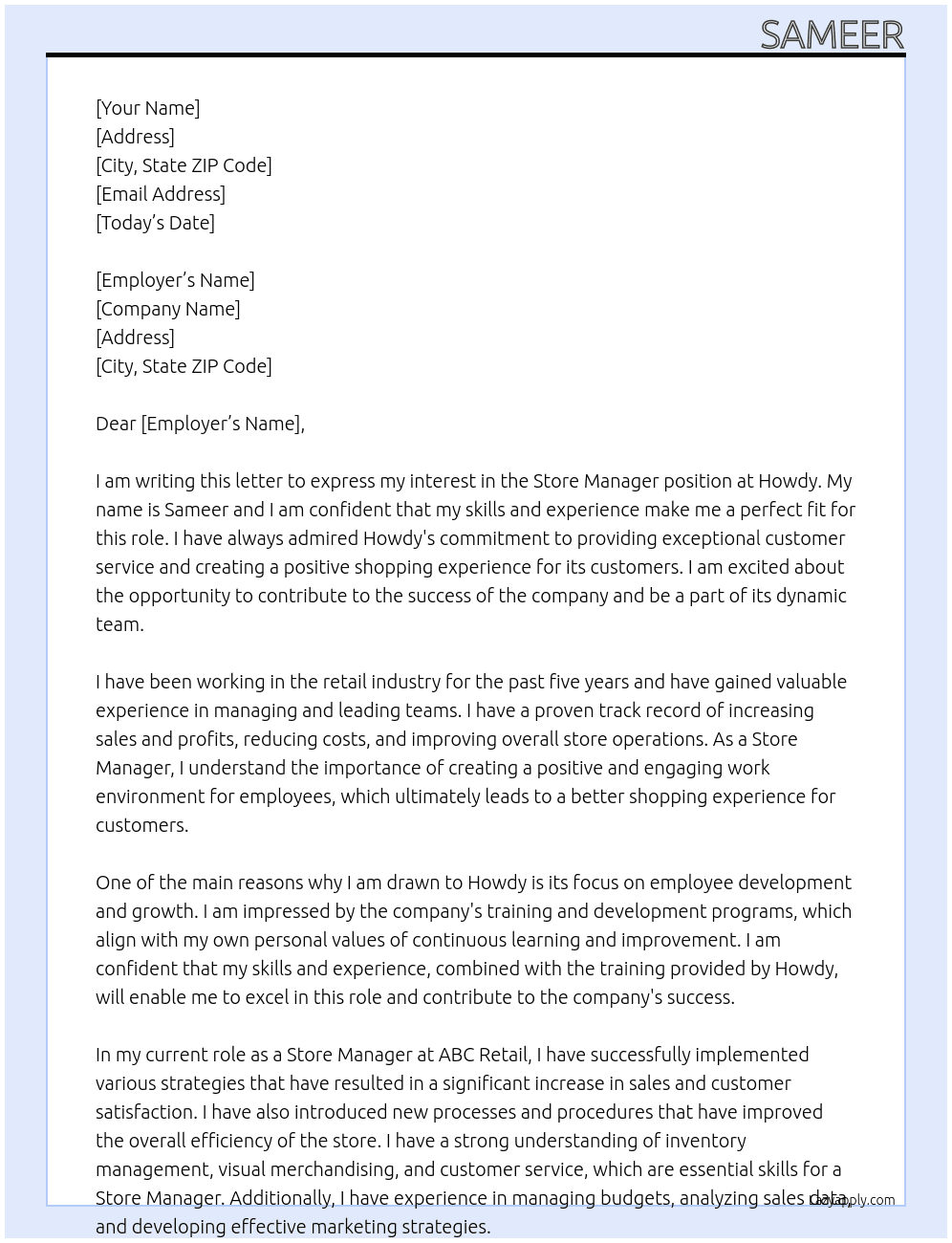 store manager At howdy Cover Letter