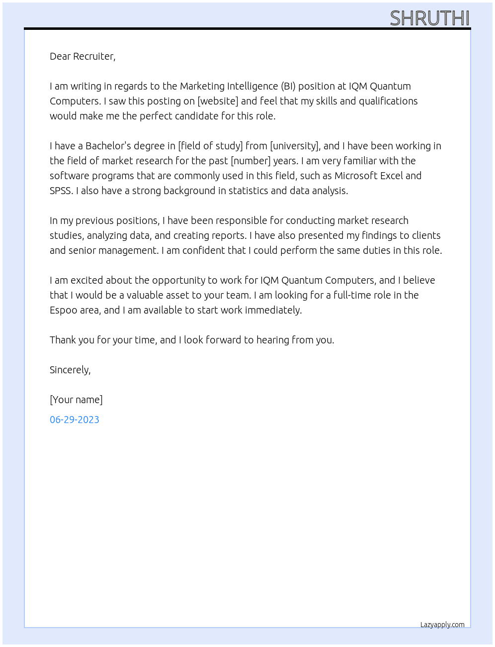 marketing intelligence (BI) At IQM Quantum Computers  Cover Letter