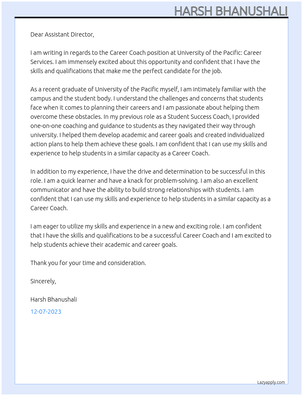 Career Coach  At University of the Pacific: Career Services  Cover Letter