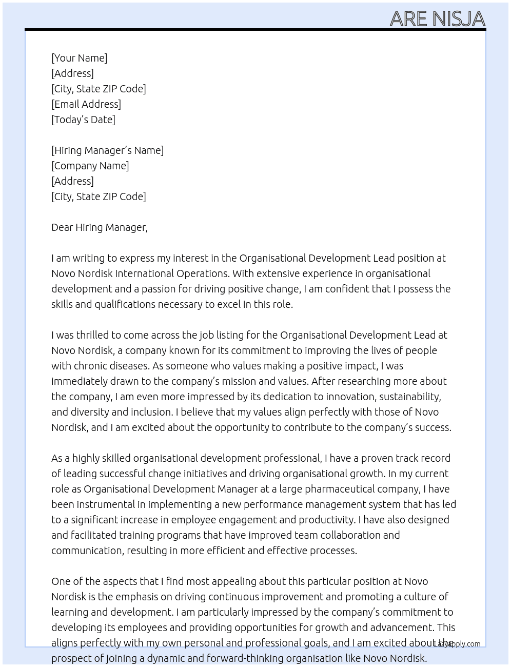 Organisational Development Lead At Novo Nordisk International Operations Cover Letter
