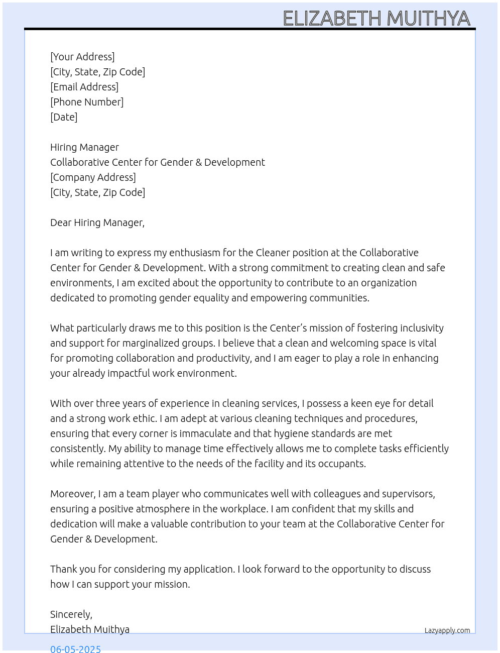 Cleaner  At Collaborative center for gender & Development  Cover Letter