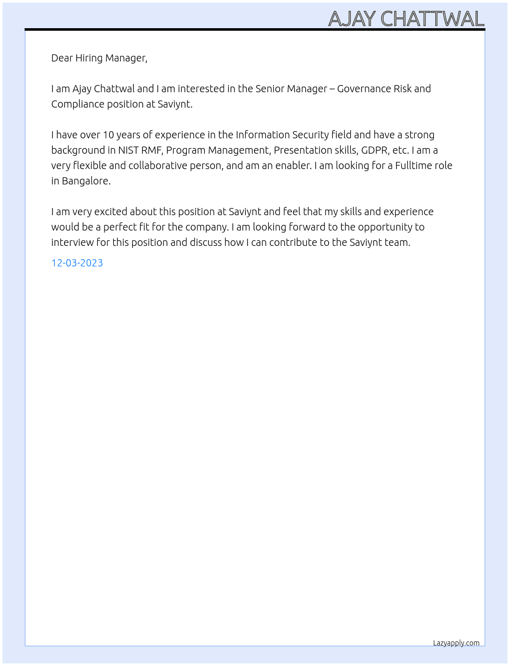 Senior Manager – Governance Risk and Compliance At Saviynt Cover Letter