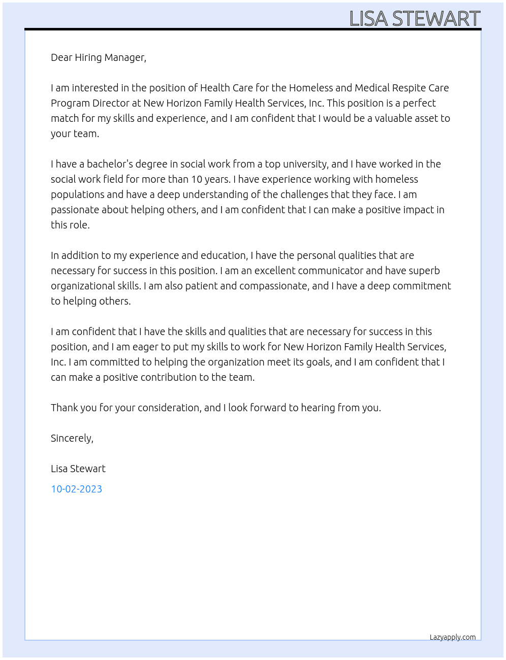 Health Care for the Homeless and Medical Respite Care Program Director At New Horizon Family Health Services, INC Cover Letter