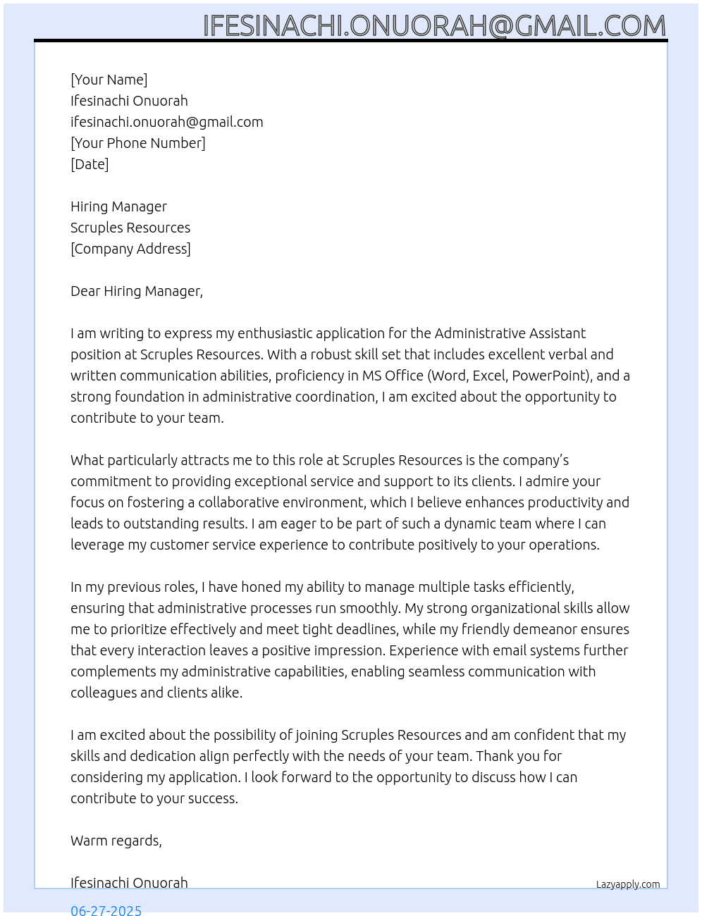 administrative assistant At Scruples Resources Cover Letter