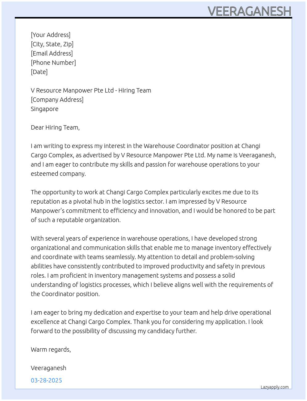 Warehouse Coordinator (Changi Cargo Complex) At V Resource Manpower Pte Ltd - Singapore Cover Letter