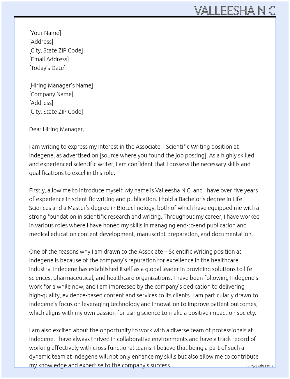 Associate - Scientific Writing  At INDEGENE Cover Letter
