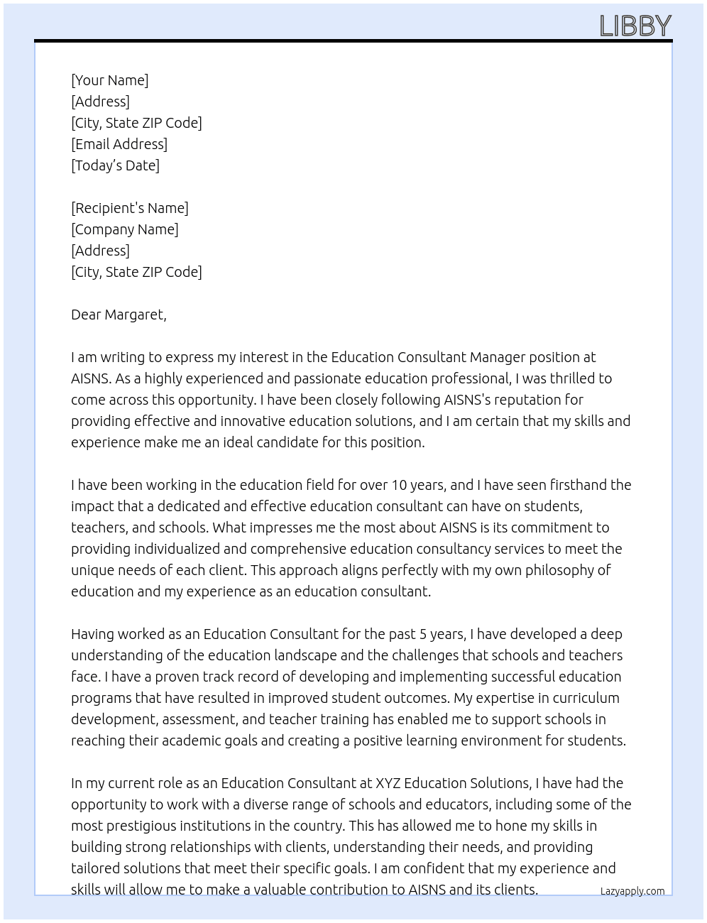 Education Consultant Maanger At AISNS Cover Letter