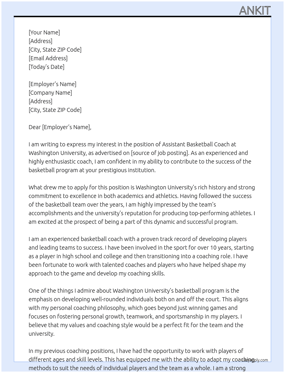 Assistant Basketball Coach At Washington Unviersity  Cover Letter