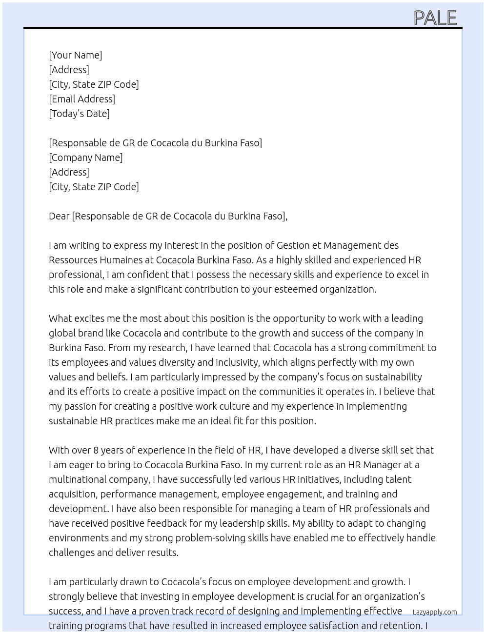 Gestion et management des ressources humaines  At Cocacola Burkina faso  Cover Letter