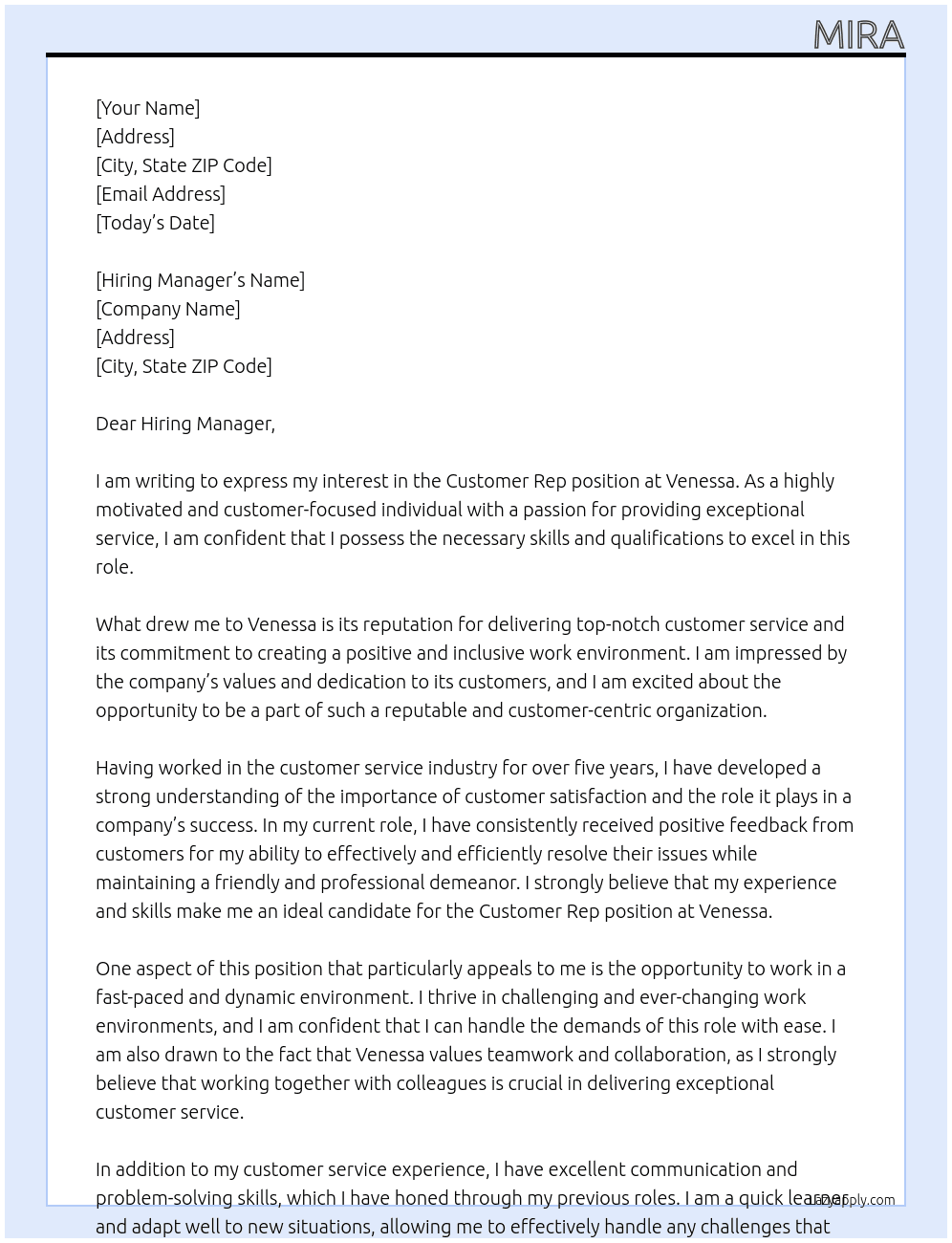 Customer Rep At Venessa Cover Letter