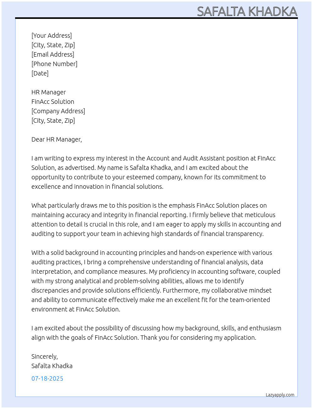 Account and Audit Assistant At FinAcc Solution Cover Letter