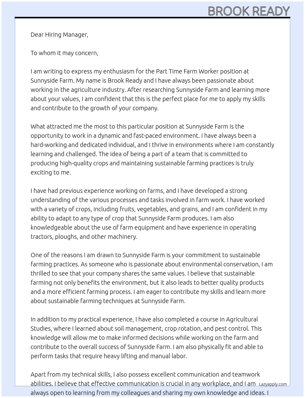 Part TimeFarm Worker At Sunnyside Farm Cover Letter