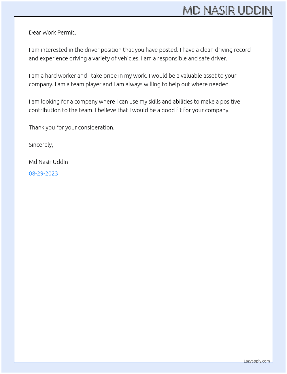 Driver At work permit Cover Letter