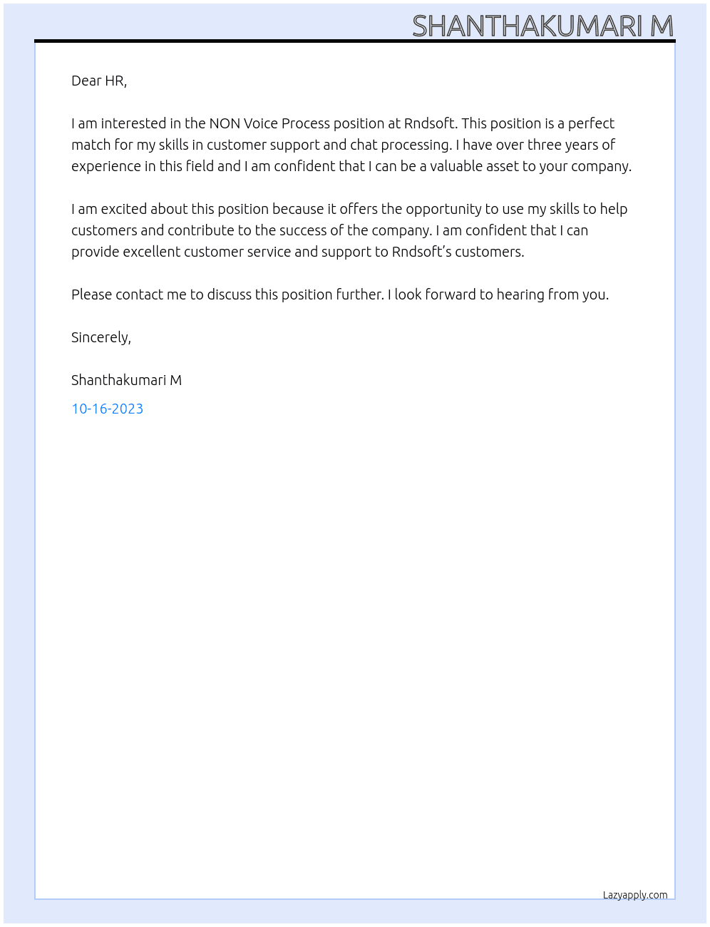 NON Voice Process At Rndsoft Cover Letter