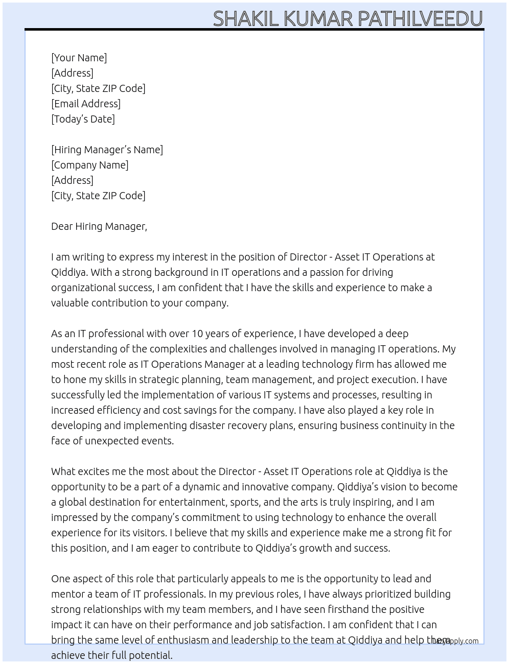 Director - Asset IT Operations At Qiddiya Cover Letter