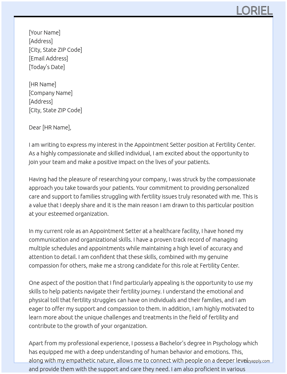 Appointment Setter At Fertility Center Cover Letter