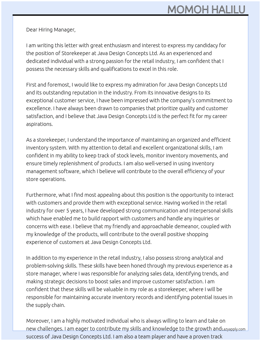 Storekeeper  At Java Design ConceptsLtd  Cover Letter