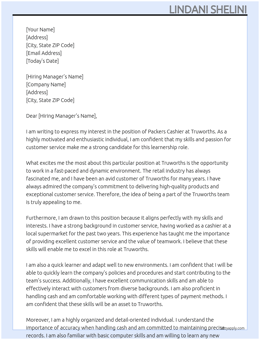 packers cashier At truworths Cover Letter