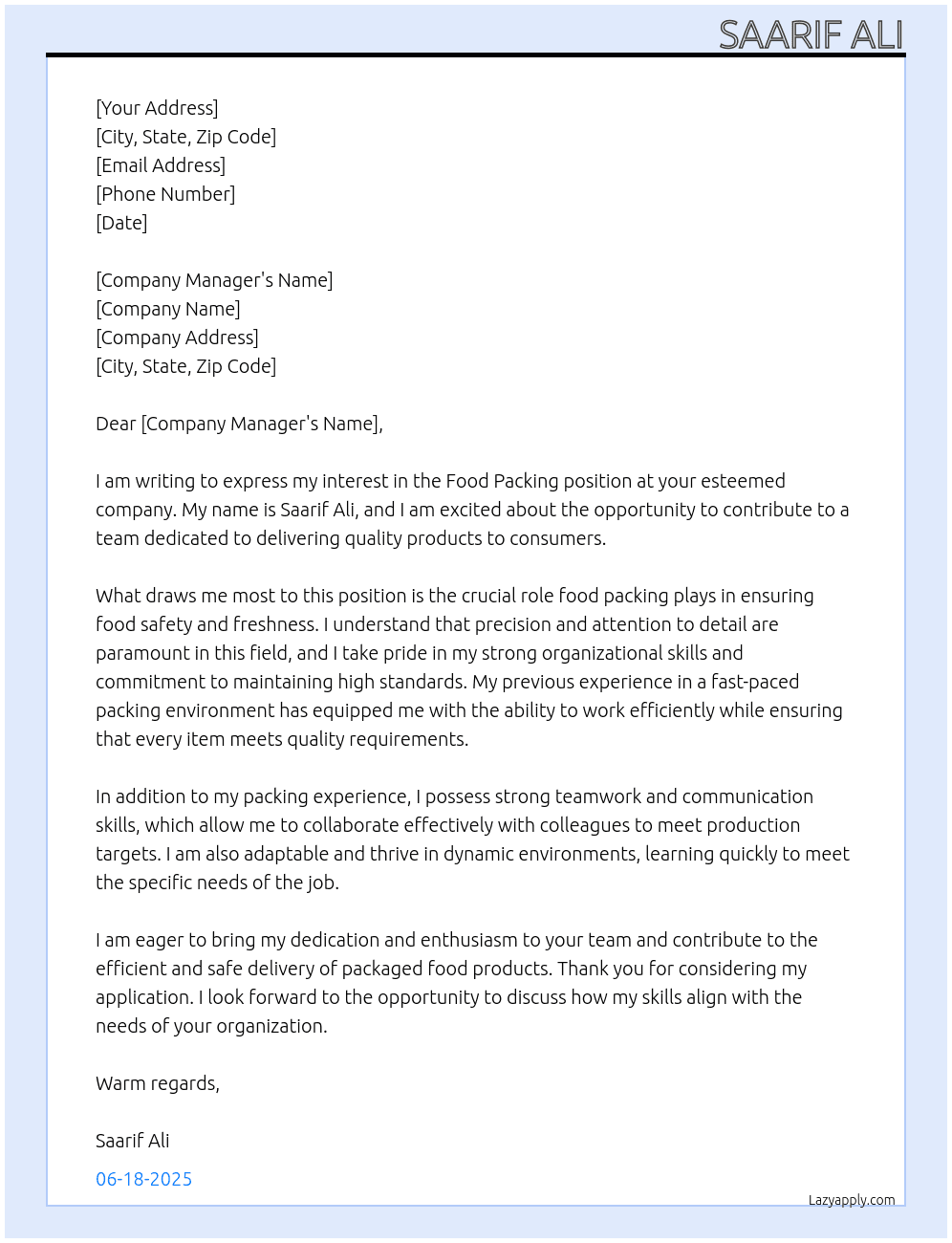 Food packing work  At I don't know  Cover Letter