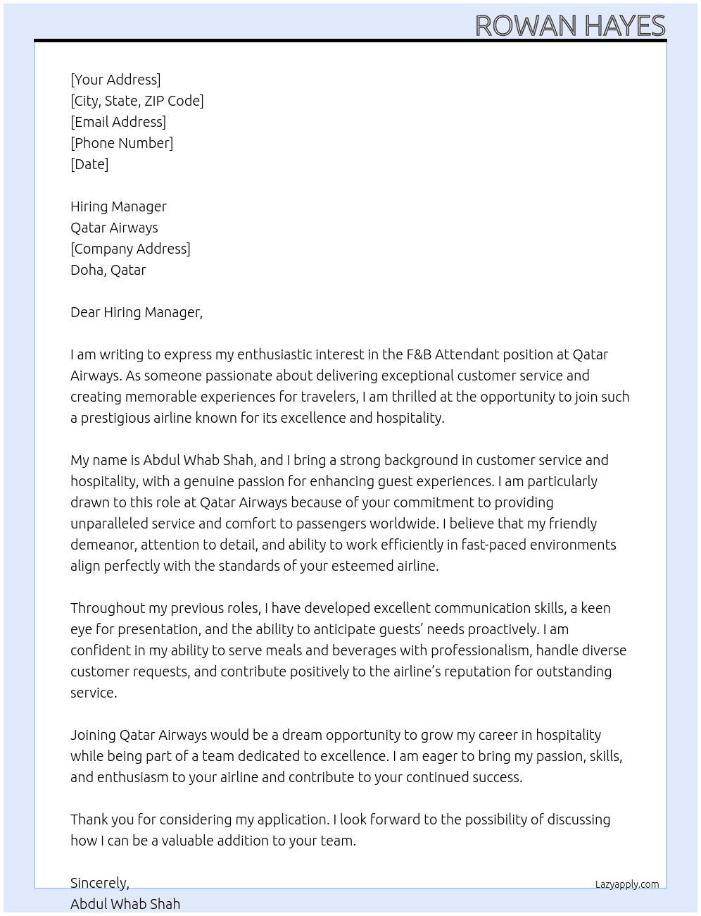 Cover letter for f&b attendent - LazyApply