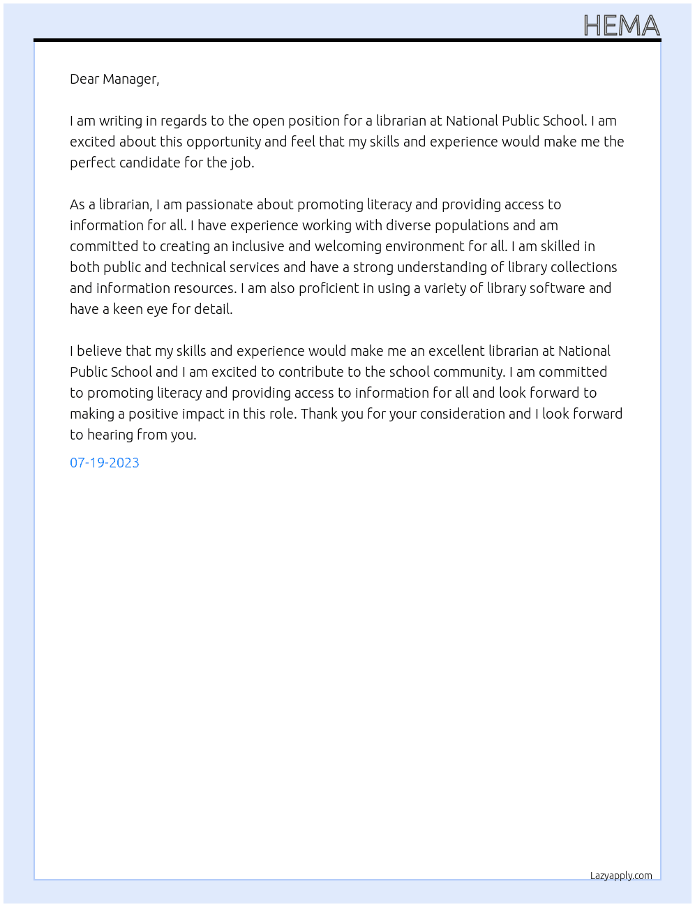 Librarian  At National public school Cover Letter