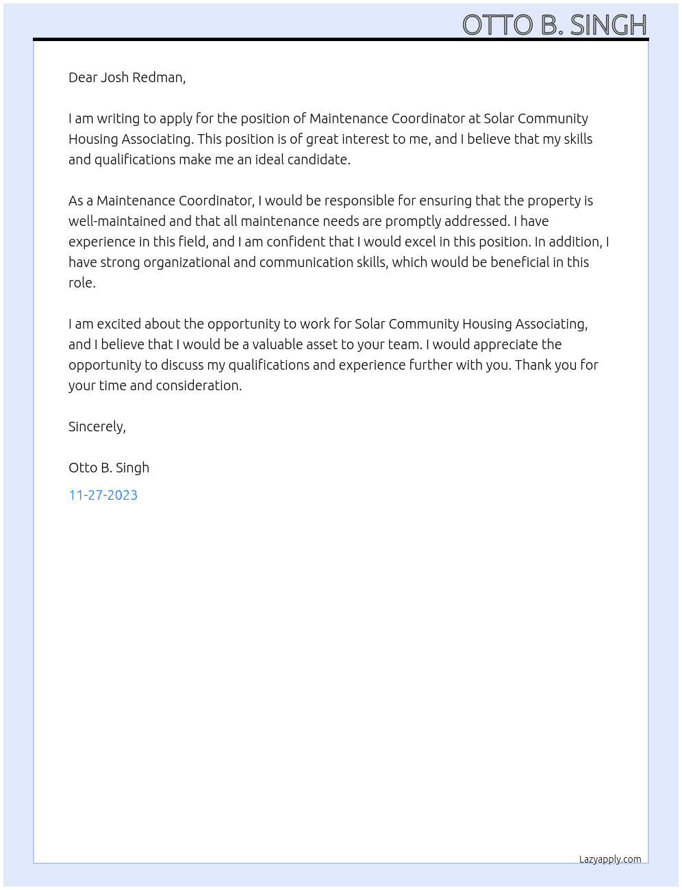 maintenance coordinator At Solar Community Housing Associating Cover Letter