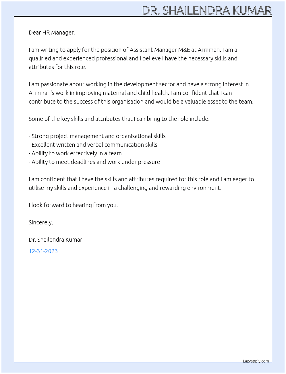 Assistant Manager M&E At Armman Cover Letter