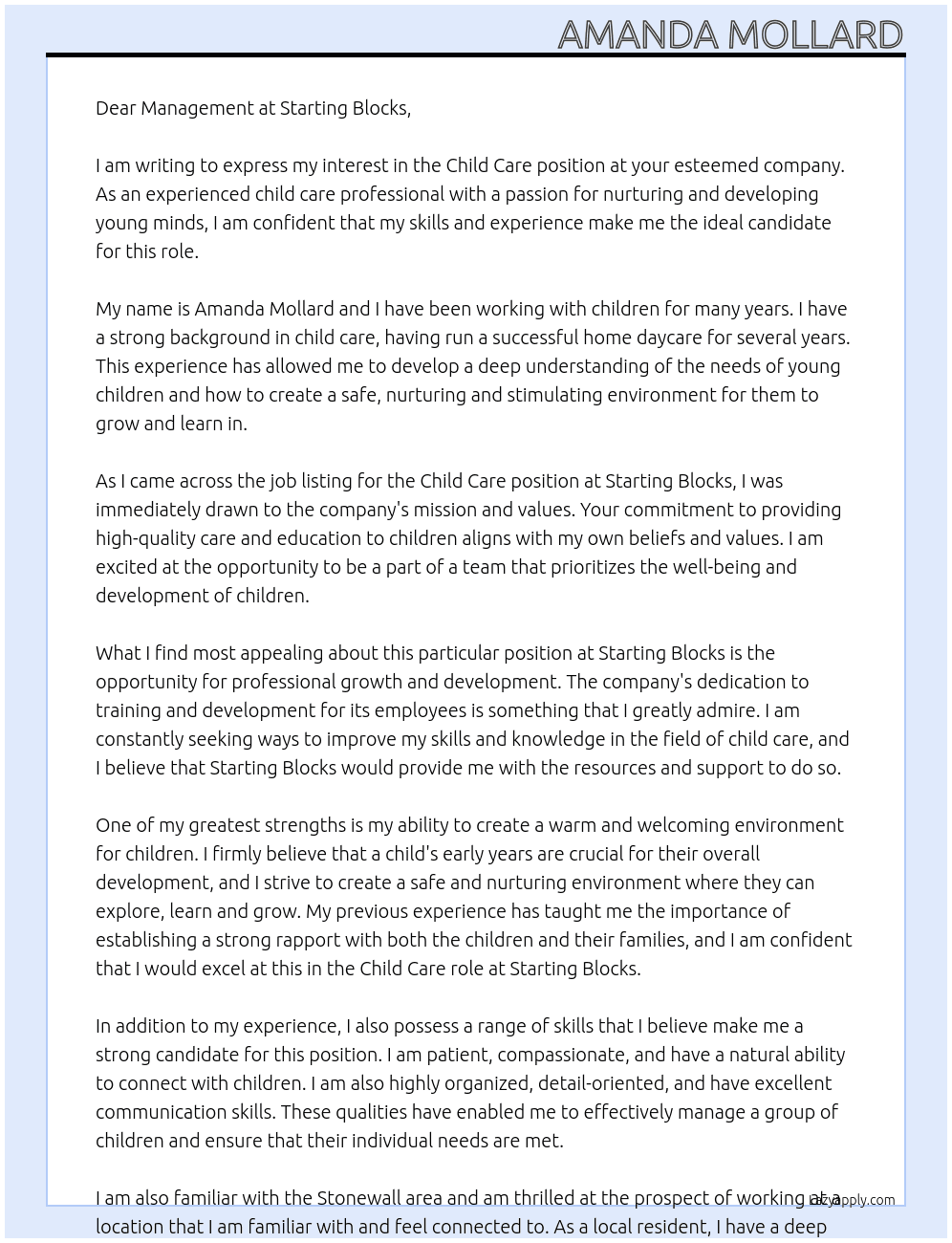 Child care  At Starting blocks  Cover Letter