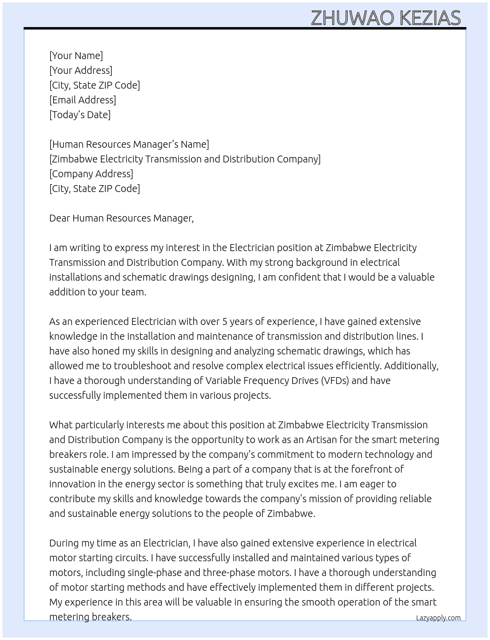 Electrician  At Zimbabwe Electricity Transmission and Distribution Company  Cover Letter
