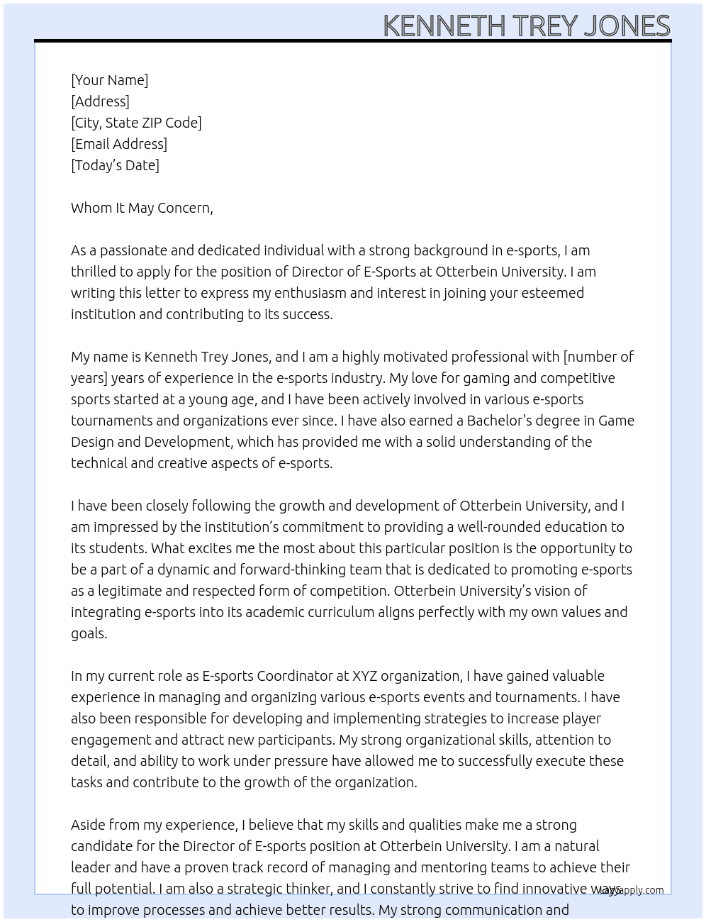 Director of E-Sports At Otterbein University Cover Letter