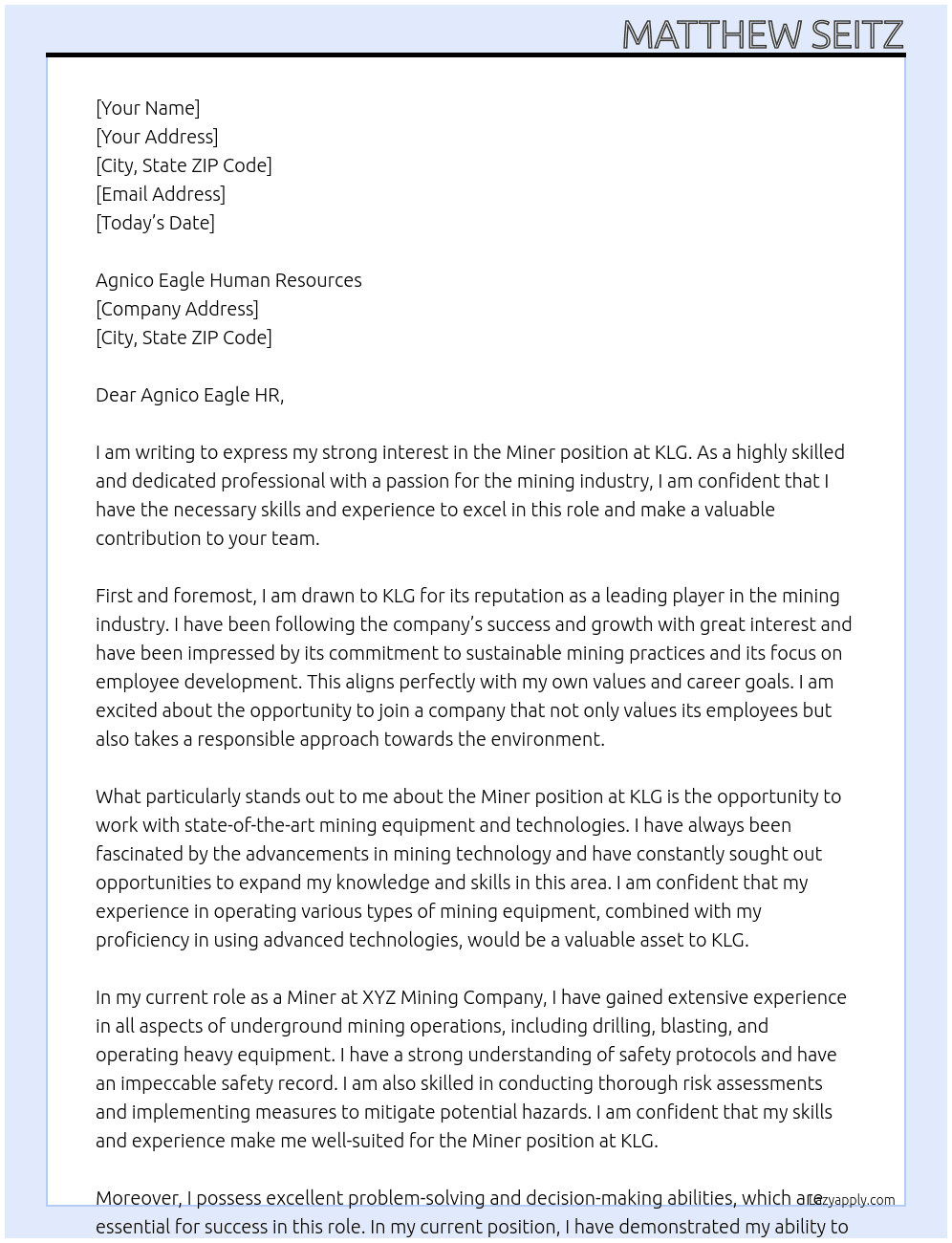 Miner At KLG Cover Letter