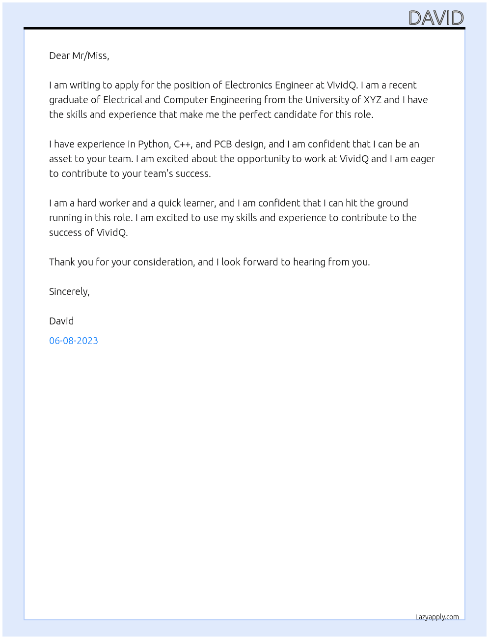 Electronics Engineer At VividQ Cover Letter