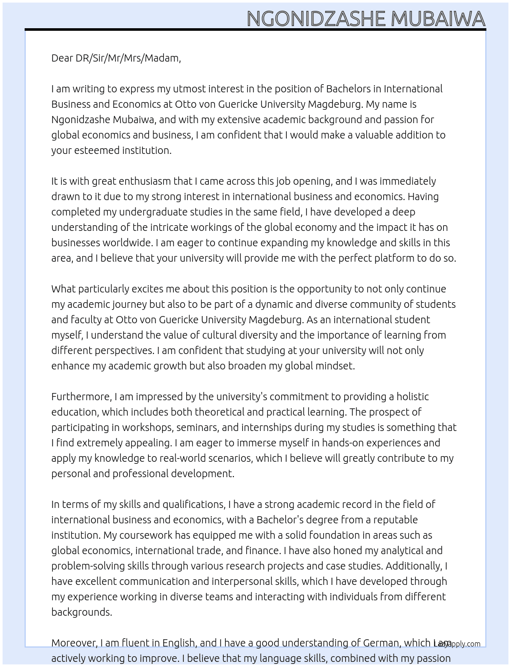 Bachelors in International Business and Economics At Otto von Guericke University Magdeburg  Cover Letter