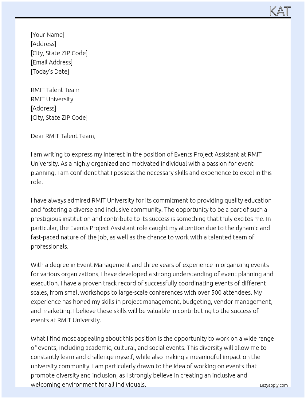Events Project Assistant  At RMIT University Cover Letter