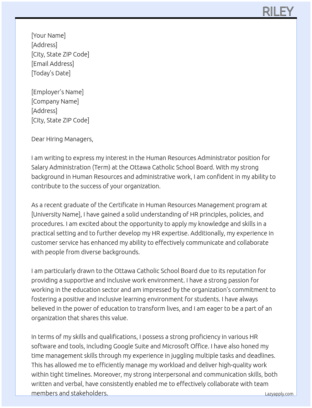 Human Resources Administrator- Salary Administration (Term) At Ottawa Catholic School Board Cover Letter