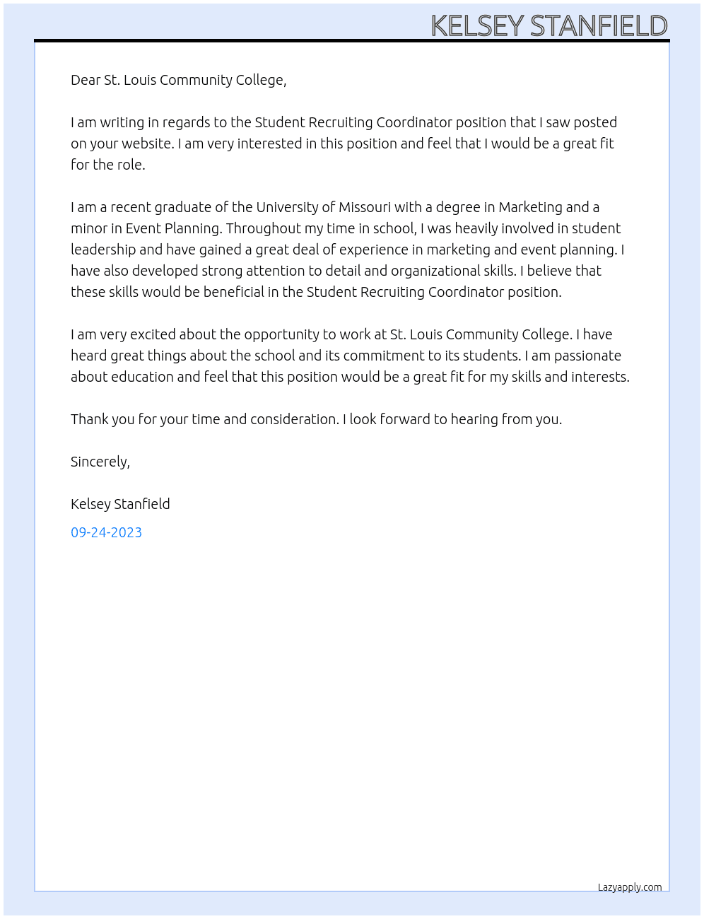 Student Recruiting Coordinator  At St. Louis Community College Cover Letter