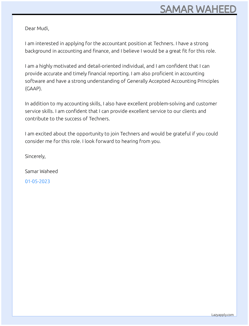 Accountant At Techners Cover Letter