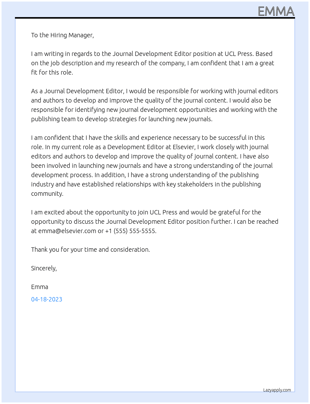journal development editor At UCL Press Cover Letter