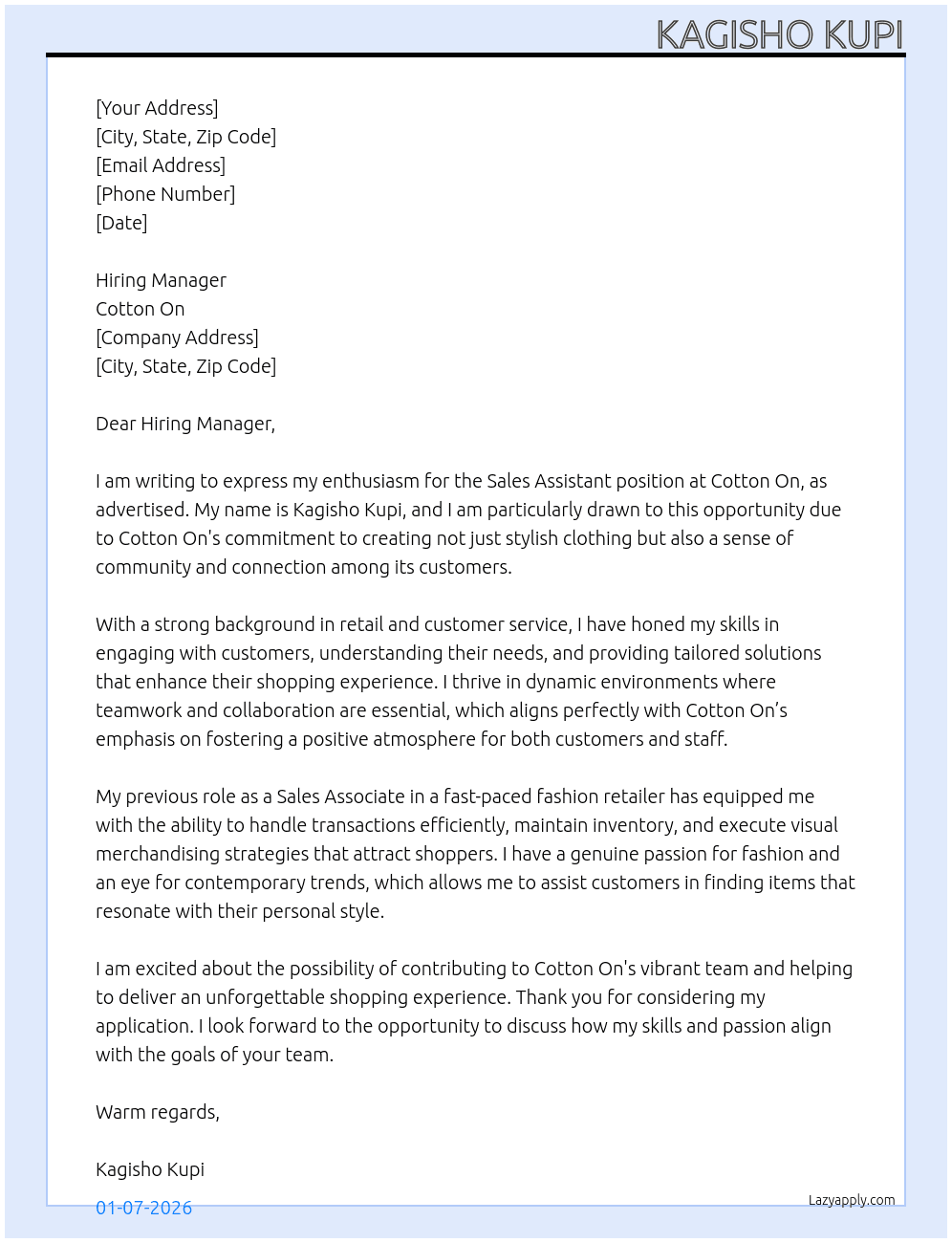 Cover letter for sale assistant - LazyApply